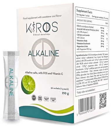 KIROS ALKALINE - Sali Minerali Alcalinizzanti per L'Equilibrio Acido-Base con Magnesio, Potassio, Calcio, FOS e Vitamina C, Integratore Rimineralizzante Senza Zucchero, 30 Bustine da 7g, Gusto Lime
