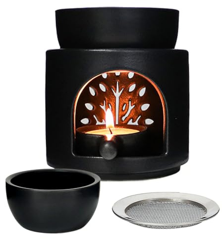 räucherstövchen mit Seib and Schale für Diffuser ätherische öle 120ml Duftlampe Teelicht duftlampe für ätherische öle，Matt Schwarz Keramik weihrauchbrenner.