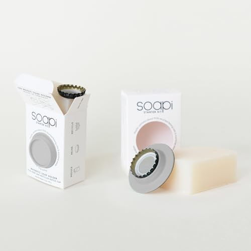 2 X kit soapi grigio con sapone, soapi, tappo a corona – Portasapone magnetico da incollare – supporto magnetico da parete – portasapone dispenser per sapone magnetico senza foratura/ventosa (grigio)