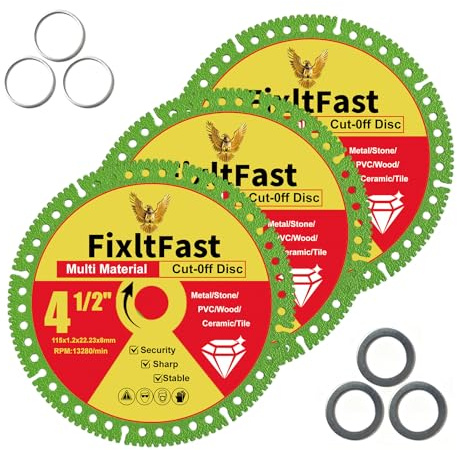 FixltFast 4 1/2 x 7/8 Inch Indestructible Multi-Material Cut Off Disc for Angle Grinders, Marble/Quartz/Stone/Tile/Metal/Plastic with 5/8 and 4/5 Washer - 3 Pack