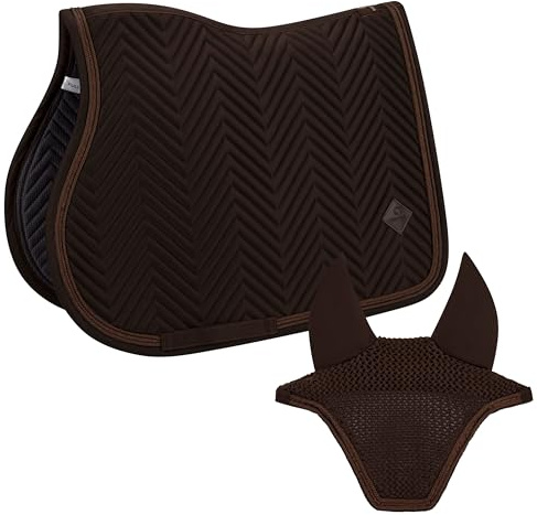 Equimour Spring skrapset brun 2-delad – hoppskrapa och flughuva – andas, halkfri och hållbar – elegant ridsport turneringsset varmblod/full – ren choklad