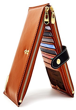 ANDOILT Mujer Cuero Genuino Billetera RFID Bloqueo Tarjeta de Crédito Poseedor Cremallera Carteras Teléfono Celular Bolsa Marrón