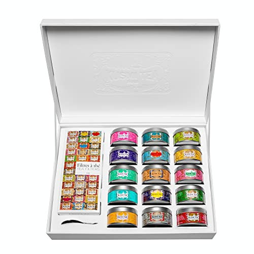 Kusmi Tea - La Collection - Coffret de 15 Boîtes Métal de 25g de Thés Aromatisés et Infusions en Vrac - Avec Boîte de 100 Filtre à Thé et Cuillère Gravée