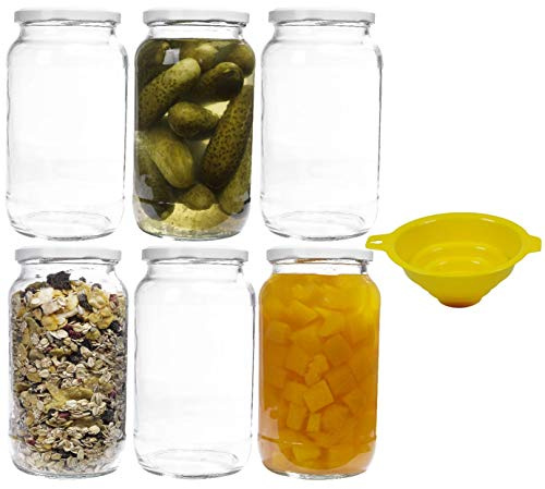 mikken 6 x glasburkar för konservering, 1 liter med skruvlock, vit, inkl. tratt