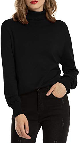 Woolen Bloom Pull à col roulé pour femme - Tricot élastique fin et élégant, Col montant, Manches longues - Pour l'automne et l'hiver - Noir - L