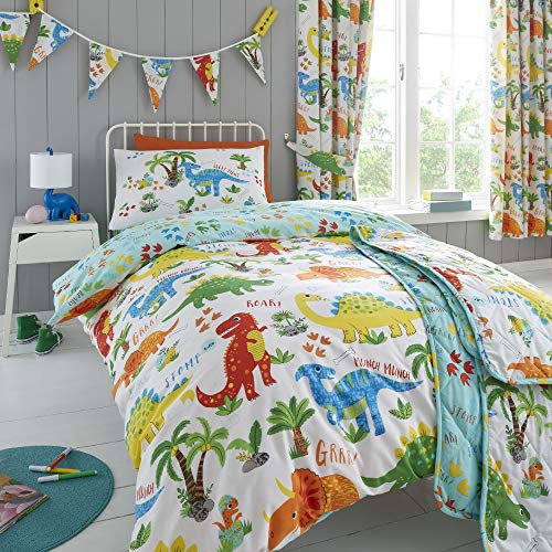 Happy Linen Company Girls Boys Kids Cute Dinky Dinosaurs Toddler Cot Bed Reversible Duvet Cover Bedding Set