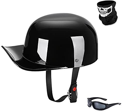 Woljay Jahrgang Jethelm Motorradhelm Retro Baseball Kappe Halbhelm Männer Frauen für Kreuzer Straße Roller Moped mit Maske Gläser - DOT Certified (Gloss Black,L)