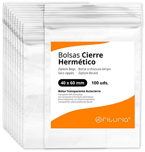 Bolsas con Cierre Hermético de Plástico Transparentes Ideales para Congelar Alimentos, Guarda Documentos, Bolsas Reutilizables y de Conservación - Ofituria (100 Bolsas, 40 x 60 mm)
