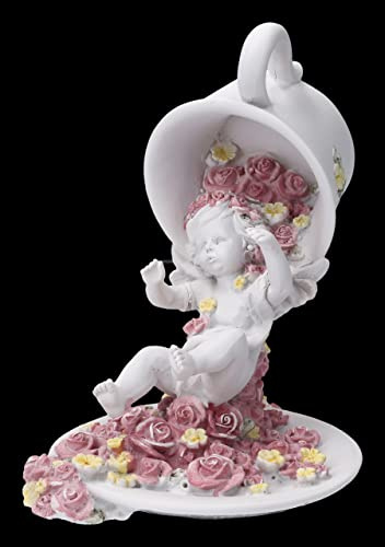 Figura de ángel – Putte Cherub cae de taza y rosas – Escultura de resina pintada a mano – 17 cm