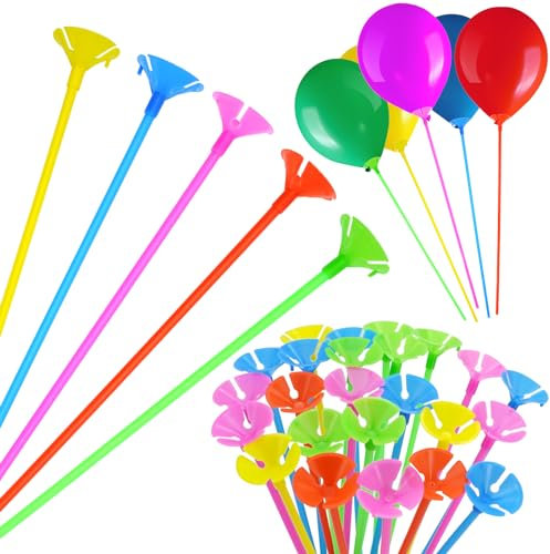 Ballon Tassen Stangen 100 Ballonständer Kunststoff Luftballon Stäbe, Ballonhalter Wiederverwendbar Ballon Stäbe Mehrfarbig für Dekoration Geburtstag Party, Hochzeit Zubehör Feiertage Heimdekoration