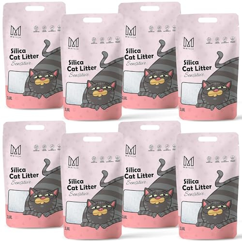 MERSJO Arena para Gatos Sensitive de silicato de Natural, sin Olor, cómoda para Gatos sensibles, sin Polvo, sin grumos, Absorbe olores, previene el Crecimiento de bacterias, 8 x 3,8 l
