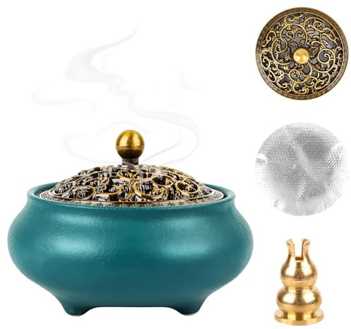 Keramik Weihrauchbehälter,Vintage Keramik Räuchergefäß Räucherstäbchenhalter,Porzellan Räucherschale Räuchergefäß Keramik Weihrauchbrenner mit Metall Deckel für Home Deko Geschenk