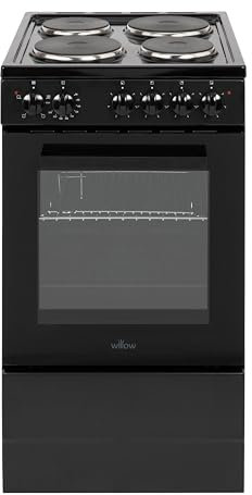 Willow WE50SSB 62L Freestanding Electric Cooker, 50cm Wide Single Cavity Cooker with Solid 4 Zone Plate Hob, 2 Year Warranty - Black