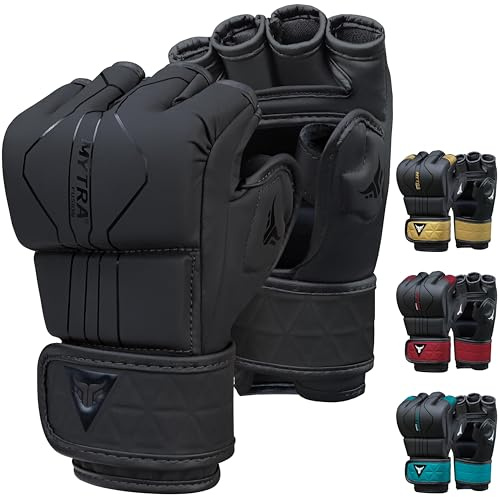 Mytra Fusion MMA-handskar med öppen ventilerad palm sparring handskar kickboxning, brottning, träning, burslåss blandade kampsportshandskar (Black, XL)
