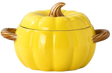 Justup Bol à soupe avec anse - En céramique - 1,9 l - Bol à soupe de citrouille - Bol à pâtisserie - Récipient avec couvercle - Décoration d'Halloween - Ustensile de cuisine pour la maison (jaune)