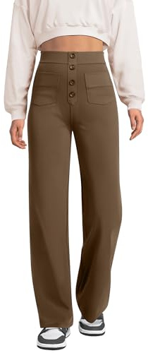 Glacspyg Yogabyxor, dam, hög midja, sportbyxor, knapp, raka byxor med fickor, elastiska fritidsbyxor, BRUN, L