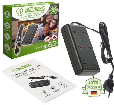 ISOTRONIC Marderschreck mit Stecker | Marderabwehr Ultraschall für Haus, Garage, Garage und Dachboden | vertreibt Marder, Mäuse, Ratten | Ideal für den Innenraum | mardersicher (1)