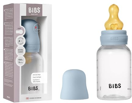 BIBS Baby Bottle 150 ml Natural Rubber Latex Teat - Anti-Colic, BPA-Free, Round Teat, Slow Flow, Lightweight & Easy to Clean, Suitable for Newborns 0+ Years - Baby Blue