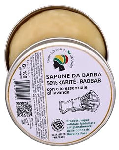 Sapone da barba 50% karité e baobab, con olio essenziale di lavanda (100 gr). Prodotto artigianale ottenuto da impasto a freddo. Cremoso e idratante. Tagliato a mano.