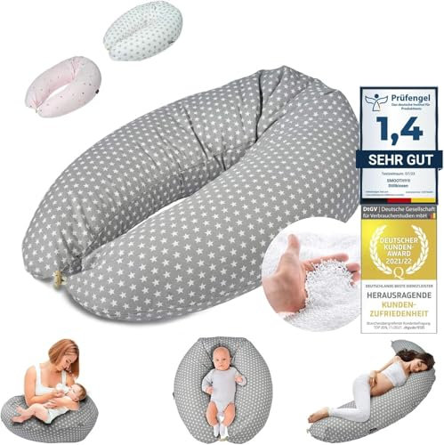 SMOOTHY® Stillkissen Schwangerschaftskissen XXL Premium Seitenschläfer-Kissen; Baumwoll-Bezug Schlafkissen & Lagerungs-Kissen für Mutter & Baby (Grau Sterne, Bezug + EPS-Perlen Füllung)