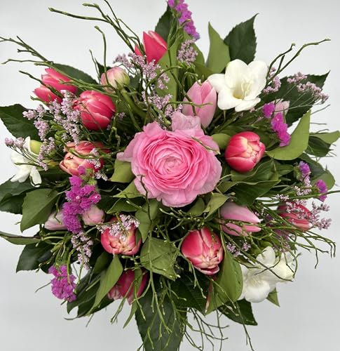 Blumenstrauß Frühlingstrauß mit 1 Ranunkel, 3 Freesien oder Anamon und 12 Tulpen in fröhliche bunter Farberichtung, Frische Schnittblumen Arrangement (Rosa, Weiß, Grün, Pink)