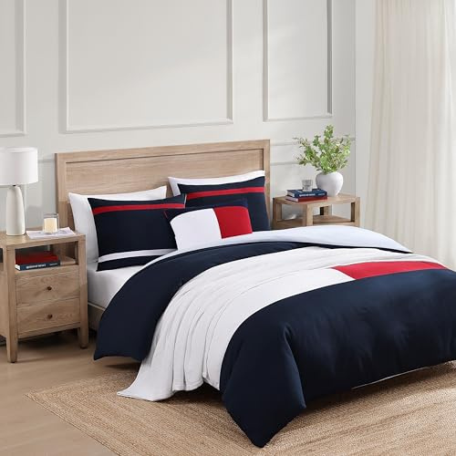 Tommy Hilfiger - Set copripiumino, lussuosamente morbido e ricco cotone biancheria da letto con federe abbinate, design testurizzato Seersucker (Iconic Anniversary Navy, Full/Queen)