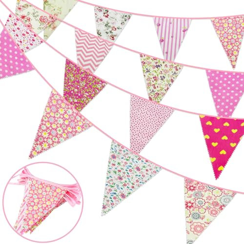 10M Pink Fabric Bunting Banner, 26pcs Beautiful Floral Bunting Flags Garden Bunting, Vintage Fabric Bunting for Party Birthday, Afternoon Tea, Easter and Mothers Day Decorations