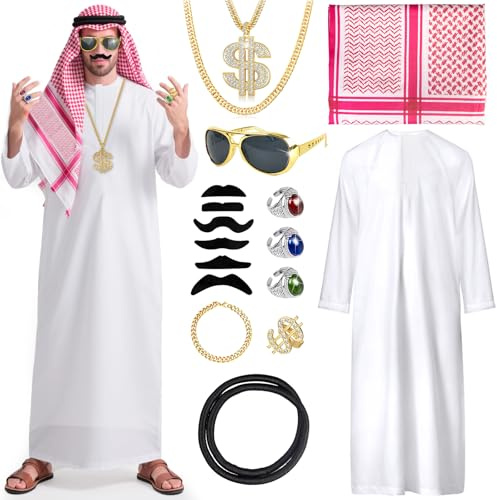 Scheich kostym herrset, 16 delar arabdräkt vuxna, arabisk dräkt med huvudduk, solglasögon, halsband ringar, orientalisk kostym män, karneval för cosplay fest