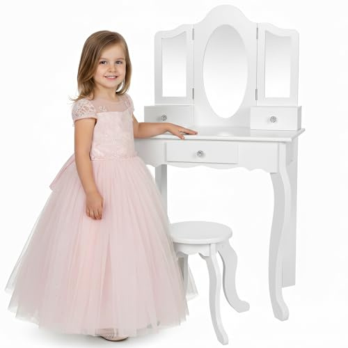 Green series Kinderplay, tavolo da toeletta grande in legno con specchio, tavolo da trucco bianco per bambini