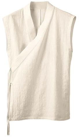 Chaleco tradicional para hombre sin mangas kimono japonés chaqueta con cordones algodón lino ropa china Hanfu traje abierto frente abrigo Yukata cómodo transpirable, caqui, L
