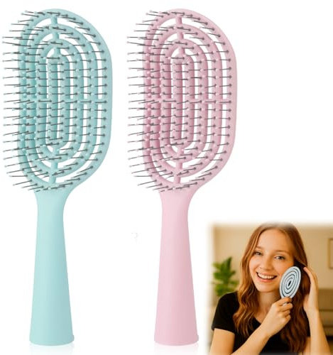 2 Pcs Hair Brush, Hairbrush With Bending Bristles, Anti Tangle Hair Brush Soft Bristle, Hairbrush for Curly, Hairbrushes for Women, Wet and Dry(Pink+Blue)