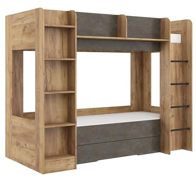 FurnitureByJDM Hochbett 80x200 cm mit Stauraum - Stabiles Etagenbett 2 Kinder mit Bücherregal & Sicherheitsgeländer - Doppelbett für Jugendzimmer Everest(Craft Gold Granada Braun,Rechte Leiter)