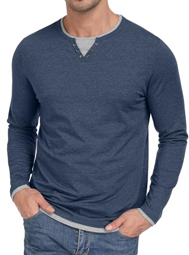 Hisir Camisas para Hombre de Manga Larga Camiseta de Algodón Ajuste Regular en Capas Bloques de Color Cuello Henley Tops Casuales para Otoño e Invierno, azul marino, M