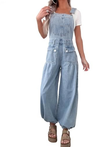 Genérico Overol Vaquero Azul Claro Retro con puños Globo para Mujer Pantalones Vaqueros Holgados con Bolsillos Laterales