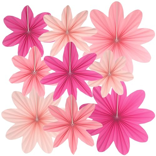 Pink Birthday Decorations Kaluofan 9 PCS Paper Flowers Decorations for Wall | Paper Fans Classroom Decor Hanging Floral Decorations for Birthday Wedding Festival Carnival Thanksgiving Decor