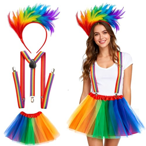 EduPlayte Ensemble Jupe en Tulle Arc-en-Ciel avec Bretelles, Costume de Carnaval pour Femmes - Tutu avec Bandeau à Plumes pour Les fêtes de Carnaval et Les soirées à thème