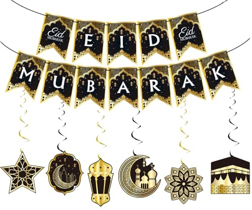Eid-dekorationer, Eid Mubarak-banderoll, hängande virvel stjärna måne slott halvmåne – takdekorationer för islam muslimsk högtid (svart)