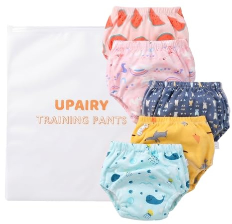 Upairy Potty Training Pants | Boys & Girls | 5 Pack | Washable & Reusable | Super Absorbent | Leakproof | | Baby Potty Training Underwear (L)