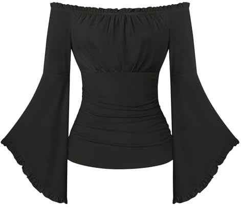 SCARLET DARKNESS Renaissance Pirate Wrap Top Women Off the Shoulder Flare Sleeve Blouse Medieval Gothic Halloween Costume