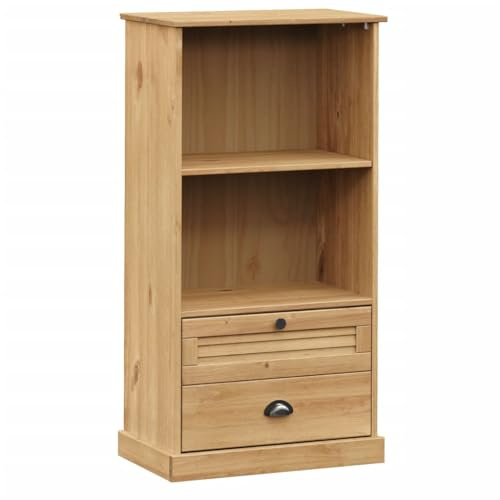 Mhdvray Libreria VIGO in legno di pino massello con 2 ripiani e 2 cassetti, armadio in legno rustico con design a persiana, 60 x 35 x 114,5 cm, finitura cera miele