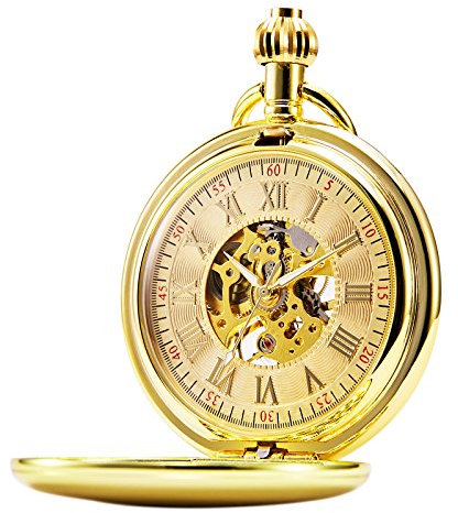 TREEWETO Unisex Taschenuhr mit Kette Analog Handaufzug Antik Skelett Römische Ziffern Gold
