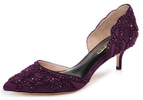 XYD Zapatos de tacón para mujer, elegantes zapatos de tacón bajo D'Orsay Kitten, tachuelas de diamantes de imitación, zapatos de satén para boda, Púrpura oscuro, 40 EU