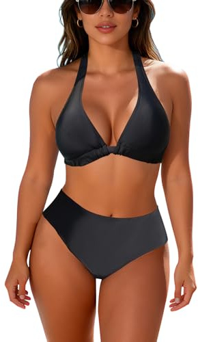 JFAN Conjuntos de Bikini para Mujer Verano Trajes de Baño de Dos Piezas de Cuello Halter Bañadores de Push Up Adelgazar de Cintura Alta Mujer Bikini Sets（A-Negro,XL