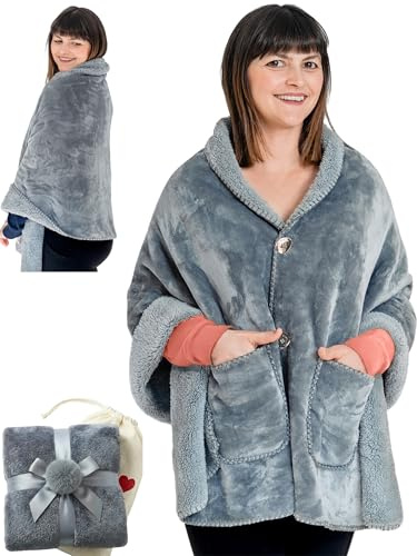 Happination Poncho-Decke für Damen, ohne Ärmel, Wickelschal mit großen Vordertaschen, Terrassendecke den Herbst, tragbare Decke, Fleecedecke Sherpa, kleiner Überwurf, Schoßdecke, Geschenk Mama und Oma