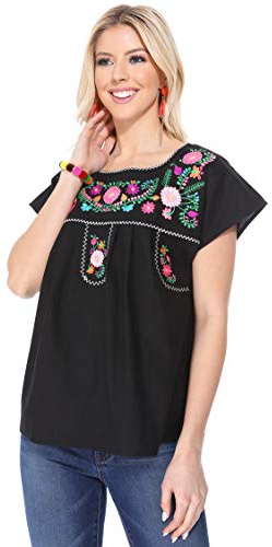 unik Women Traditional Puebla Mexican Embroidered Blouse Size Small Black