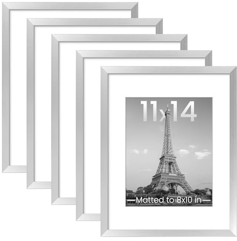 upsimples 11x14 Picture Frame Set of 5, Display Pictures 8x10 with Mat or 11x14 Without Mat, Wall Gallery Photo Frames, Silver