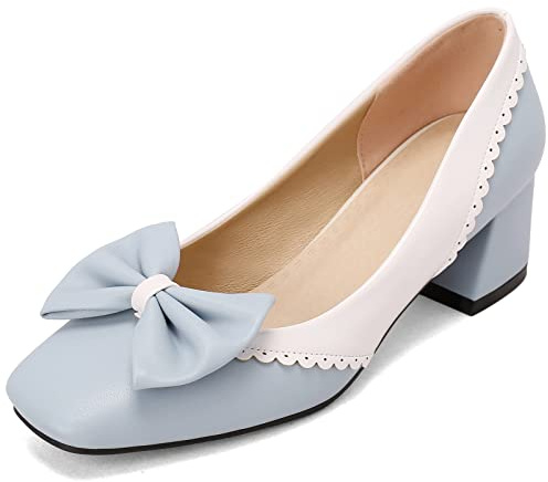CUTEHEELS Women Elegant Slip-on Court Shoes with Mid Block Heel Light Blue