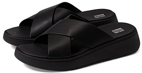 Fitflop Damen F-Mode Leather Flatform Cross Slides Keilsandale, Schwarz, 40 EU