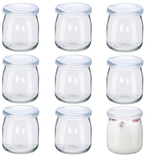 Meng Jiaran 9Pcs 7oz/200ml Yogurt Pudding Glass Jars with Plastic Lids, Small Glass Jars with Lids, Reusable Mini Clear Glass Bottles for Overnight Oats, Spice, Jam, Juice