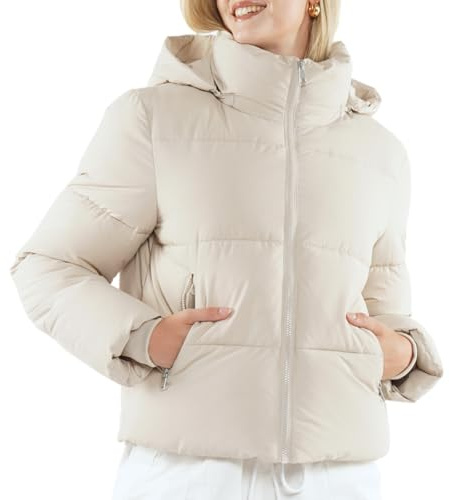 PUFFIT Women's Cropped Puffer Jackets,Warm Winter Jacket with Removable Hood,Zipped Pockets,Short Ladies Quilted Coat